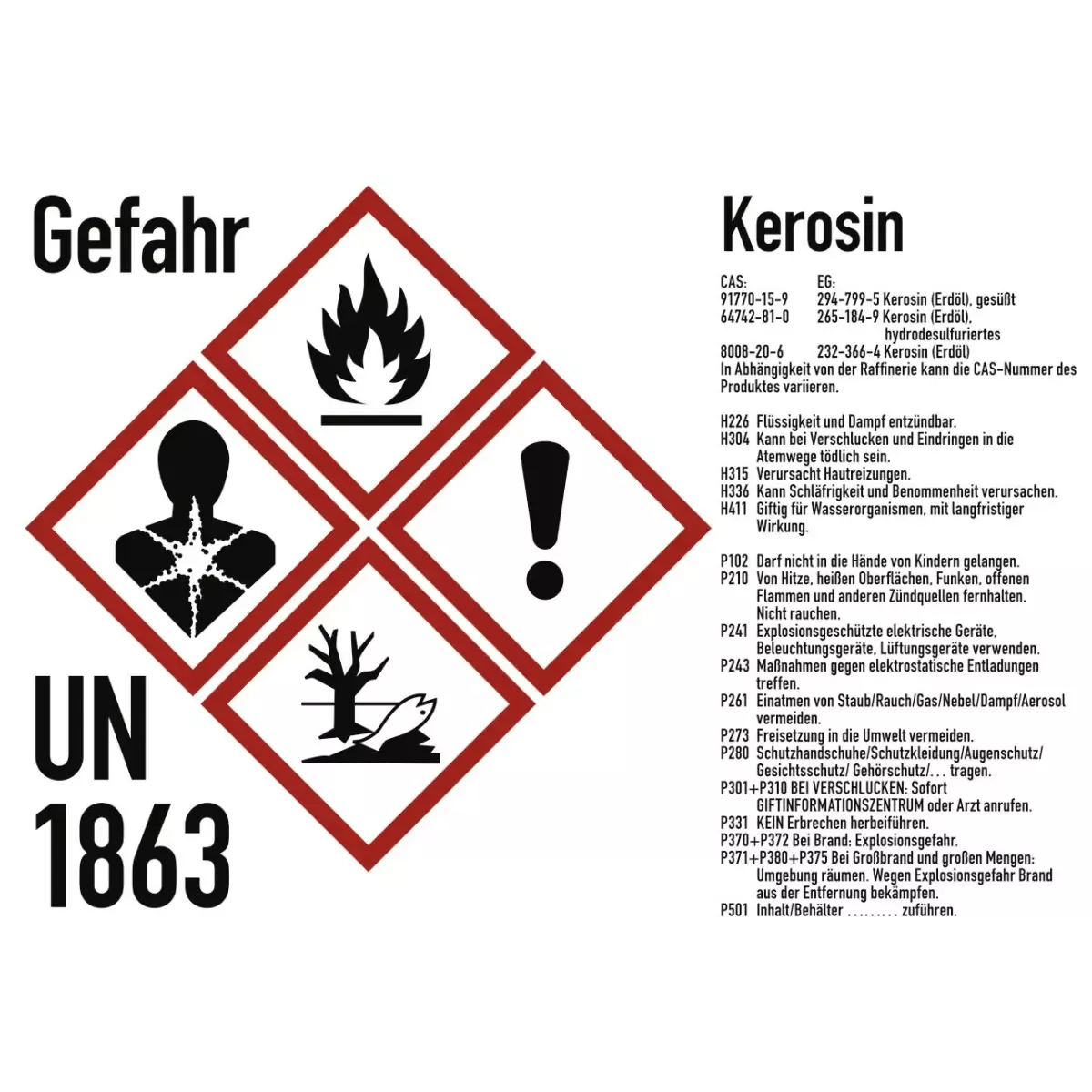 Gefahrstoffkennzeichnung Kerosin nach GHS, Folie, 210x148 mm, Idx 2019