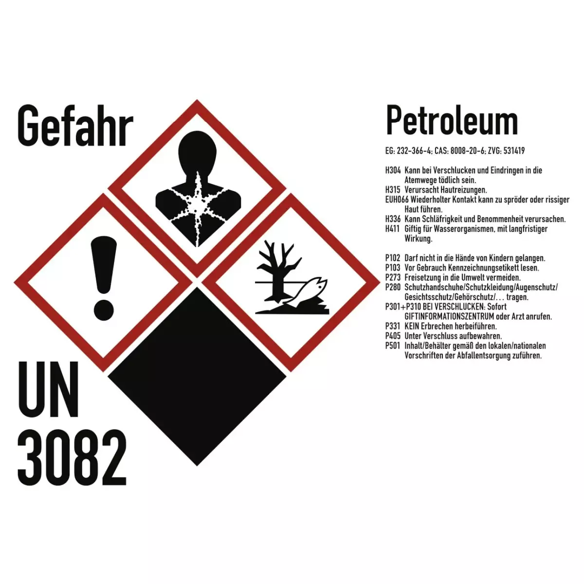 Gefahrstoffkennzeichnung Petroleum nach GHS, Folie, 148x105 mm, Idx 2019