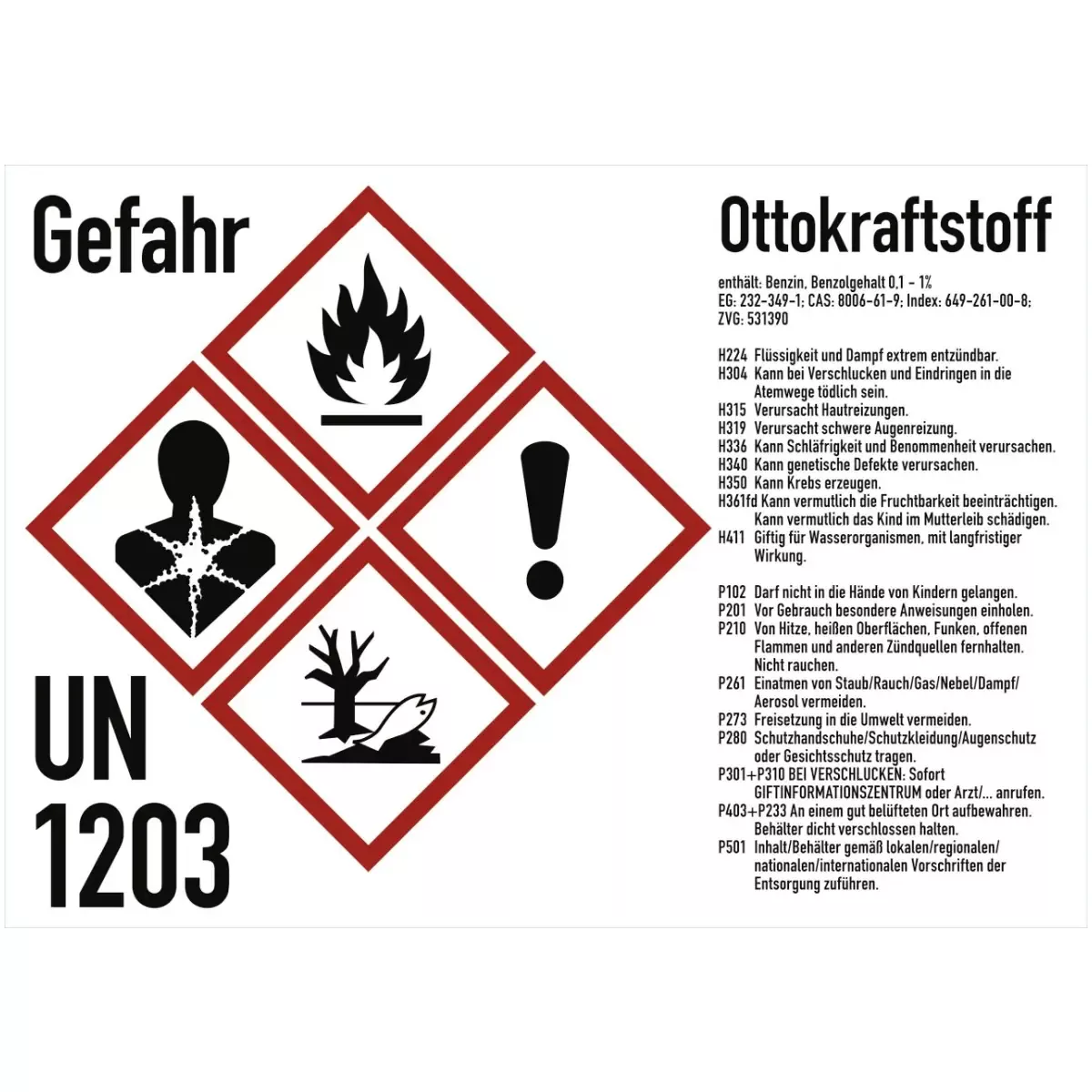 Gefahrstoffkennzeichnung Ottokraftstoff nach GHS, Folie, 105x74 mm, Idx 2019