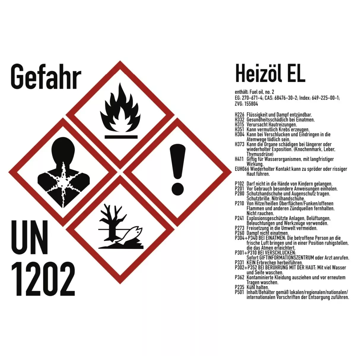 Gefahrstoffkennzeichnung Heizöl nach GHS, Folie, 210x148 mm, Idx 2019