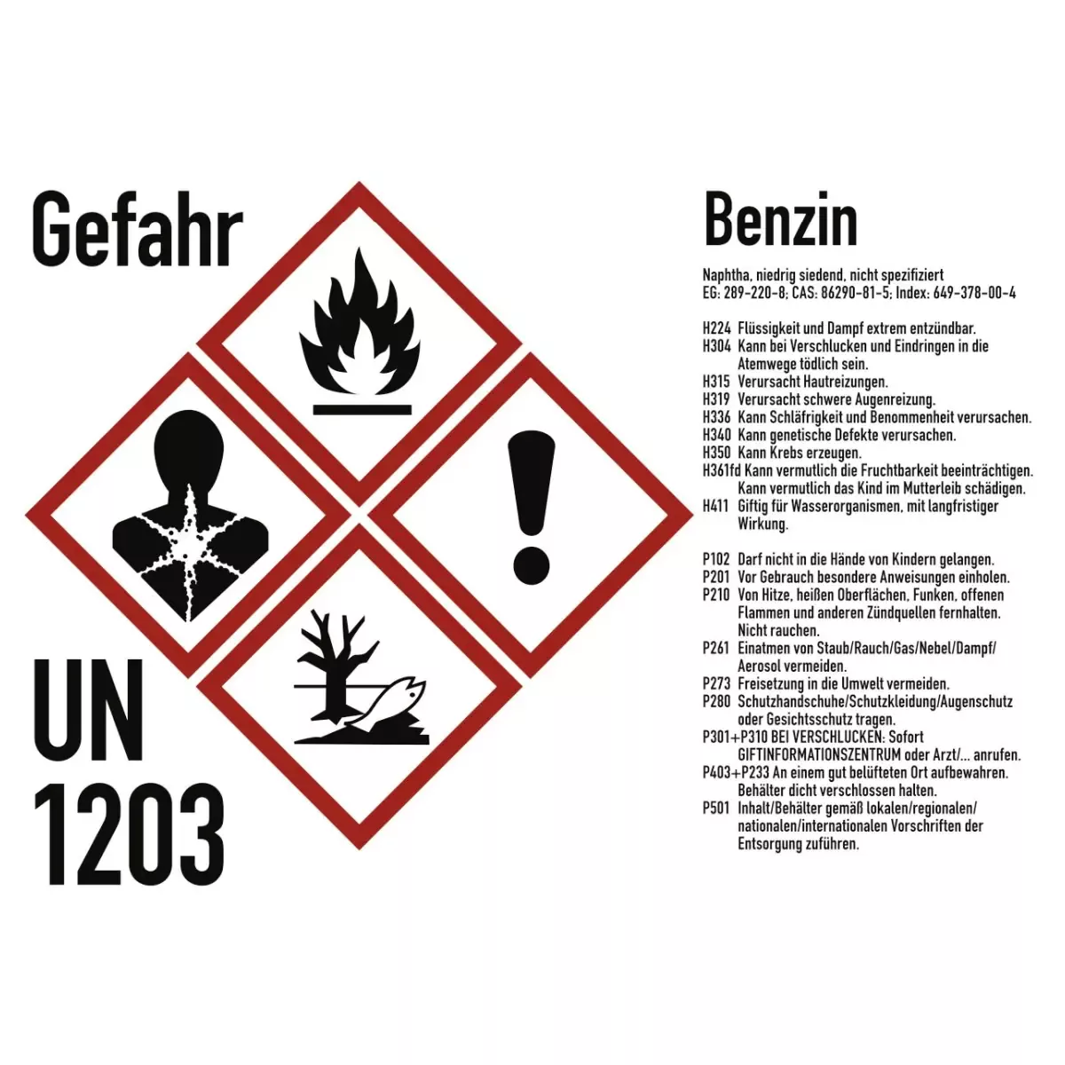 Gefahrstoffkennzeichnung Benzin nach GHS, Folie, 105x74 mm, Idx 2019