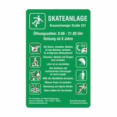 Spiel- und Sportanlagenschilder, Skateanlage, grün-weiß, 750 x 500 mm, 2 mm RA1/A