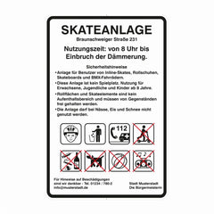 Spiel- und Sportanlagenschilder, Skateanlage, weiß-schwarz, 630 x 420 mm, 2 mm RA1/A