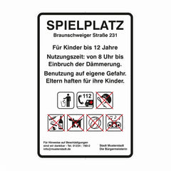 Spiel- und Sportanlagenschilder, Spielplatz, weiß-schwarz, 630 x 420 mm, 2 mm Lackfolie