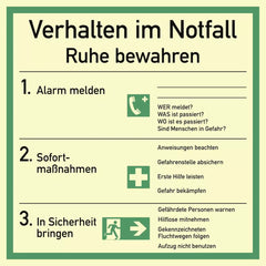 Verhalten im Notfall ISO 7010, Folie, langnachleuchtend, 160-mcd, 180x180 mm