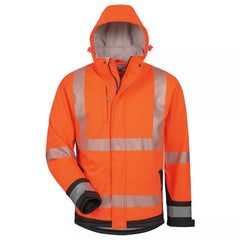 Warnschutz-Softshelljacke Lukas mit Kapuze, Farbe fluo-orange/schwarz, Gr. 2XL