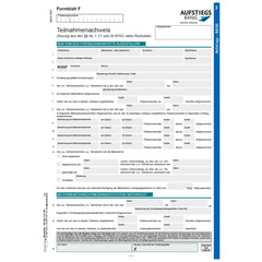 Formblatt F - Teilnahmenachweis (§§ 9a, 7, 21 und 29 AFBG), dunkelblau, A4, 2-seitig, mit Lochung, 50 Stück