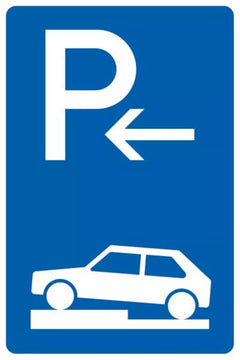 Verkehrszeichen 315-71 Parken auf Gehwegen halb quer zur Fahrtrichtung links, Anfang - 630x420 2 mm RA1