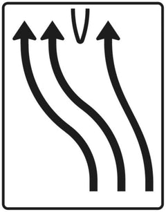 Verkehrszeichen 501-15 Überleitungstafel ? ohne Gegenverkehr ? dreistreifig nach links, davon zwei Fahrstreifen übergeleitet; neues Zeichen - 1600x1250 2 mm RA1