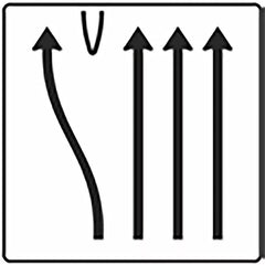 Verkehrszeichen 501-19 Überleitungstafel ohne Gegenverkehr 4-streifig, davon linker Fahrstreifen nach links übergeleitet und die drei rechten Fahrstreifen geradeaus. - 1600x1600 2 mm RA1