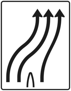 Verkehrszeichen 501-25 Überleitungstafel ? ohne Gegenverkehr ? dreistreifig nach rechts, davon zwei Fahrstreifen übergeleitet; neues Zeichen - 1600x1250 2 mm RA1