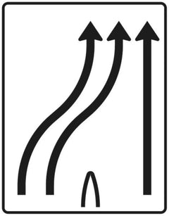 Verkehrszeichen 501-28 Überleitungstafel ? ohne Gegenverkehr ? zweistreifig nach rechts und einstreifig geradeaus; neues Zeichen - 1600x1250 2 mm RA1