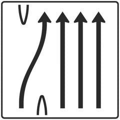 Verkehrszeichen 501-29 Überleitungstafel ohne Gegenverkehr 4-streifig, davon linker Fahrstreifen nach rechts übergeleitet und die drei rechten Fahrstreifen geradeaus. - 1600x1600 2 mm RA1