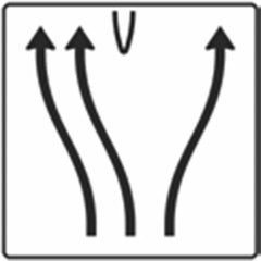 Verkehrszeichen 501-72 Überleitungstafel ohne Gegenverkehr 3-streifig, davon die  beiden linken Fahrstreifen nach links übergeleitet und rechter Fahrstreifen nach rechts verschwenkt - 1600x1600 2 mm R