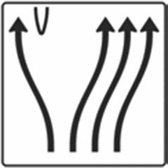 Verkehrszeichen 501-73 Überleitungstafel ohne Gegenverkehr, 4-streifig, davon linker Fahrstreifen nach links übergeleitet und die drei rechten Fahrstreifen nach rechts verschwenkt - 1600x1600 2 mm RA1