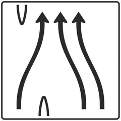 Verkehrszeichen 501-81 Überleitungstafel ohne Gegenverkehr 3-streifig, davon linker Fahrstreifen nach rechts übergeleitet und rechter Fahrstreifen nach links verschwenkt - 1600x1600 2 mm RA1