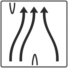 Verkehrszeichen 501-82 Überleitungstafel ohne Gegenverkehr 3-streifig, davon die  beiden linken Fahrstreifen nach rechts übergeleitet und rechter Fahrstreifen nach links verschwenkt - 1600x1600 2 mm R