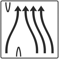 Verkehrszeichen 501-83 Überleitungstafel ohne Gegenverkehr, 4-streifig, davon linker Fahrstreifen nach rechts übergeleitet und die drei rechten Fahrstreifen nach links verschwenkt - 1600x1600 2 mm RA1