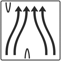 Verkehrszeichen 501-84 Überleitungstafel ohne Gegenverkehr 4-streifig, davon die beiden linken Fahrstreifen nach rechts übergeleitet und die beiden rechten Fahrstreifen nach links verschwenkt - 1600x1