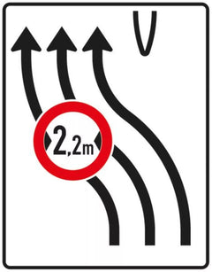 Verkehrszeichen 505-12 Überleitungstafel ? ohne Gegenverkehr und mit integriertem Zeichen 264 ? dreistreifig nach links; neues Zeichen - 1600x1250 2 mm RA1