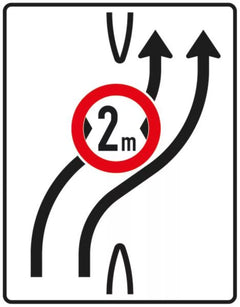 Verkehrszeichen 505-21 Überleitungstafel ? ohne Gegenverkehr und mit integriertem Zeichen 264 ? zweistreifig nach rechts; bisher Zeichen 505-22 - 1600x1250 2 mm RA1