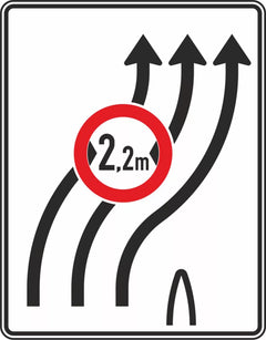 Verkehrszeichen 505-22 Überleitungstafel ? ohne Gegenverkehr und mit integriertem Zeichen 264 ? dreistreifig nach rechts; neues Zeichen - 1600x1250 2 mm RA1