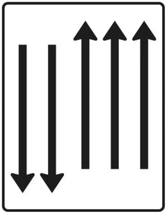 Verkehrszeichen 522-34 Fahrstreifentafel ? mit Gegenverkehr ? dreistreifig in Fahrtrichtung und zweistreifig in Gegenrichtung - 1600x1250 2 mm RA1