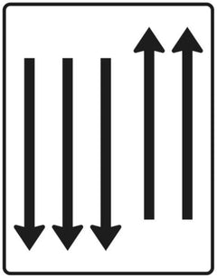 Verkehrszeichen 522-35 Fahrstreifentafel ? mit Gegenverkehr ? zweistreifig in Fahrtrichtung und dreistreifig in Gegenrichtung - 1600x1250 2 mm RA1