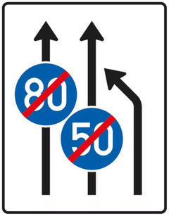 Verkehrszeichen 535-11 Einengungstafel ? ohne Gegenverkehr mit integriertem Zeichen 279 StVO; Einzug rechts, noch 2 Fahrstreifen in Fahrtrichtung - 1600x1250 2 mm RA1