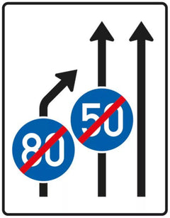 Verkehrszeichen 535-21 Einengungstafel ? ohne Gegenverkehr mit integriertem Zeichen 279 StVO; Einzug links, noch 2 Fahrstreifen in Fahrtrichtung - 1600x1250 2 mm RA1