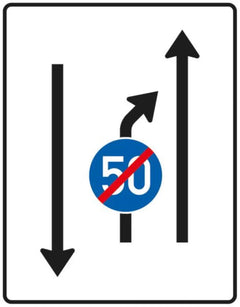 Verkehrszeichen 536-20 Einengungstafel ? ohne Gegenverkehr mit integriertem Zeichen 279 ? Einzug links, noch 1 Fahrstreifen und 1 Fahrstreifen in Gegenrichtung - 1600x1250 2 mm RA1