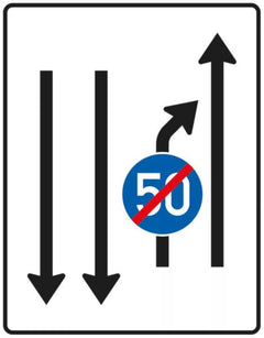 Verkehrszeichen 536-21 Einengungstafel ? ohne Gegenverkehr mit integriertem Zeichen 279 ? Einzug links, noch 1 Fahrstreifen und 2 Fahrstreifen in Gegenrichtung - 1600x1250 2 mm RA1