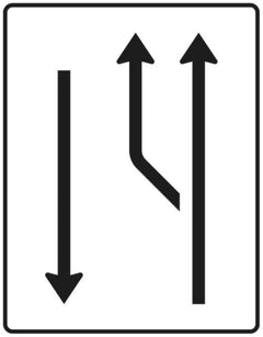 Verkehrszeichen 542-10 Aufweitungstafel ? mit Gegenverkehr; 1-streifig plus Fahrstreifen links und 1 Fahrstreifen in Gegenrichtung - 1600x1250 2 mm RA1