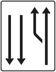 Verkehrszeichen 542-11 Aufweitungstafel ? mit Gegenverkehr; 1-streifig plus Fahrstreifen links und 2 Fahrstreifen in Gegenrichtung - 1600x1250 2 mm RA1