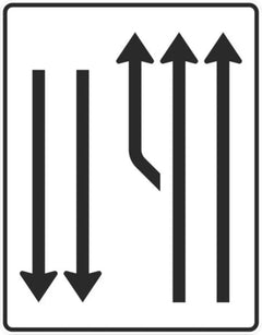 Verkehrszeichen 542-13 Aufweitungstafel mit Gegenverkehr 2-streifig plus Fahrstreifen links und 2 Fahrstreifen in Gegenrichtung - 1600x1250 2 mm RA1