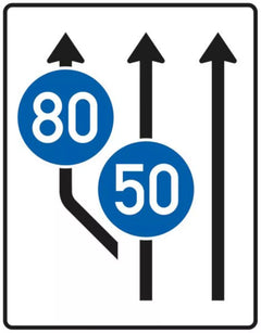 Verkehrszeichen 545-11 Aufweitungstafel ? ohne Gegenverkehr mit integriertem Zeichen 275 ? zweistreifig plus Fahrstreifen links - 1600x1250 2 mm RA1