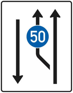 Verkehrszeichen 546-10 Aufweitungstafel ? mit Gegenverkehr mit integriertem Zeichen 275 ? einstreifig plus Fahrstreifen links und 1 Fahrstreifen in Gegenrichtung - 1600x1250 2 mm RA1