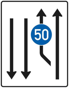 Verkehrszeichen 546-11 Aufweitungstafel ? mit Gegenverkehr mit integriertem Zeichen 275 ? einstreifig plus Fahrstreifen links und 2 Fahrstreifen in Gegenrichtung - 1600x1250 2 mm RA1