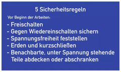 5 Sicherheitsregeln, Textschild, Folie, 200x120 mm