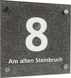 Hausnummernschild mit Straßenangabe, Acrylglas, Schrift weiß, 200x200 mm