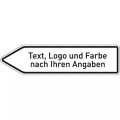 Pfeilwegweiser weiß m. Text, Logo u. Farbe,linksw., Alu 1,8 mm, lack.,1400x350 mm