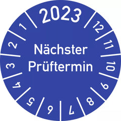 Prüfplakette 2023 Nächster Prüftermin, Folie, Ø 15 mm, 10 Stück/Bogen