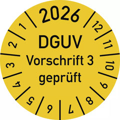 Prüfplakette 2026 DGUV Vorschrift 3 geprüft, Folie, Ø 15 mm, 10 Stück/Bogen