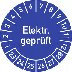 Prüfplakette Elektr. Geprüft 2023 - 2028, Folie, Ø 30 mm, 10 Stück/Bogen