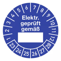 Prüfplakette Elektr. geprüft gemäß 2023-2028, Dokumentenfolie,Ø 30 mm, 10 St./Bo.