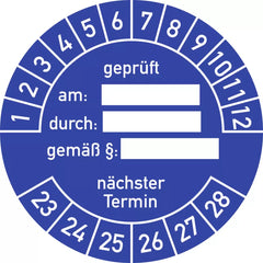 Prüfplakette geprüft am: durch:... 2023 - 2028, Folie, Ø 40 mm, 10 Stück/Bogen