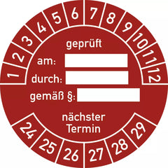 Prüfplakette geprüft am: durch:... 2024 - 2029, Folie, Ø 40 mm, 10 Stück/Bogen