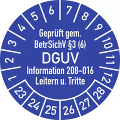 Prüfplakette Geprüft...BetrSichV...DGUV, 2023-2028, Folie, Ø 20 mm, 10 Stk./Bog.