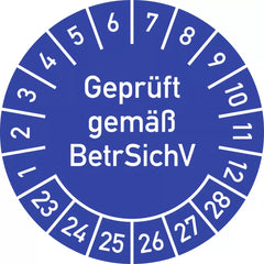 Prüfplakette Geprüft gemäß BetrSichV, 2023-2028, Folie, Ø 25 mm, 10 Stück/Bogen