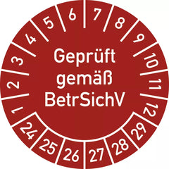 Prüfplakette Geprüft gemäß BetrSichV, 2024-2029, Folie, Ø 25 mm, 10 Stück/Bogen